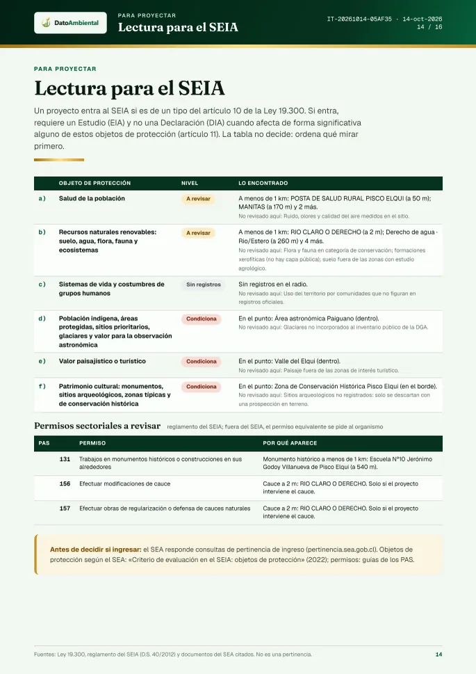Página «Lectura para el SEIA» del informe de ejemplo
